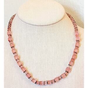 Vintage Pink Square Glass Bead Sterling Silver 17" Necklace